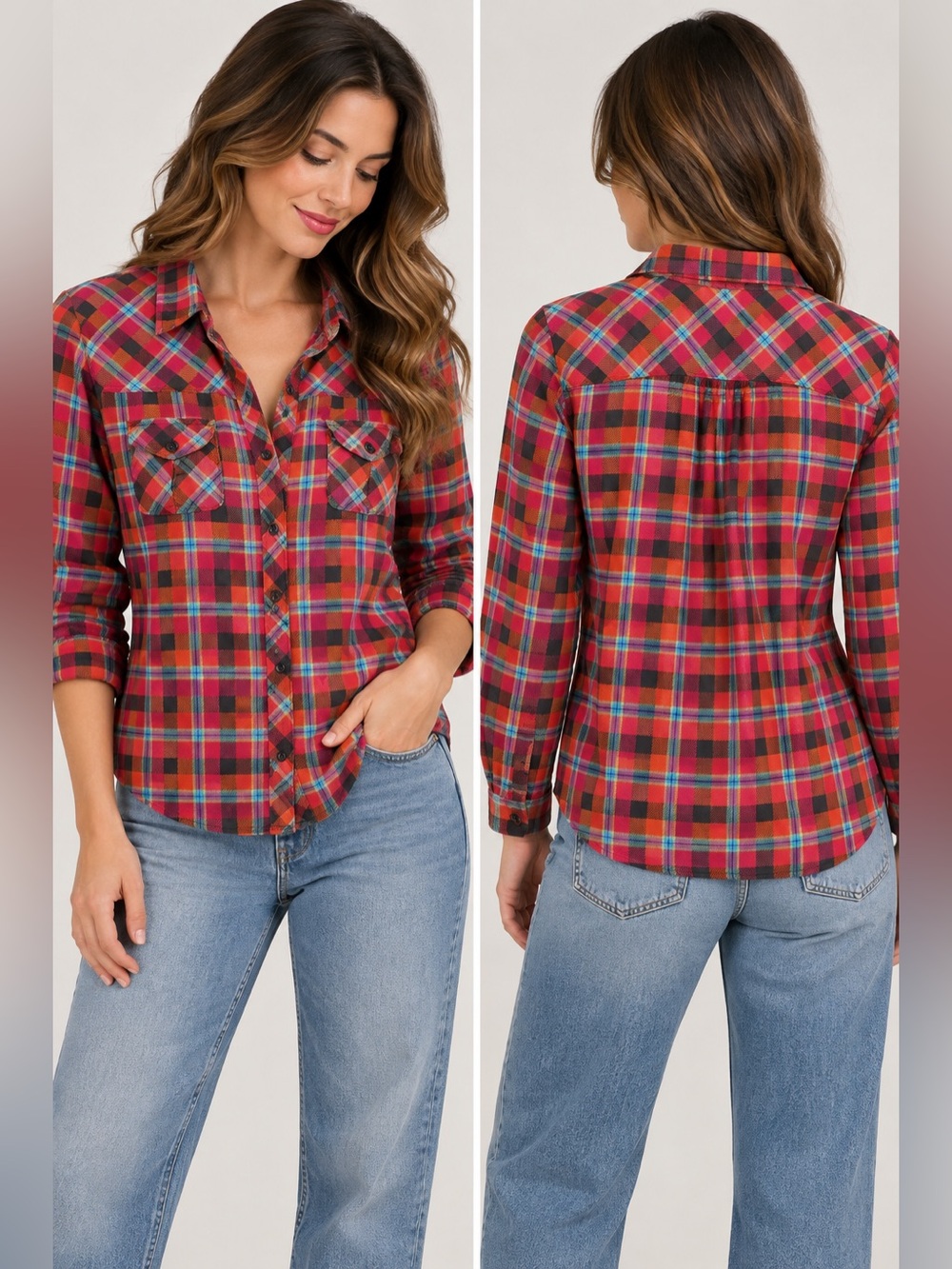 Vintage Levi Strauss Plaid Button Down Shirt Red Pink Orange Size M